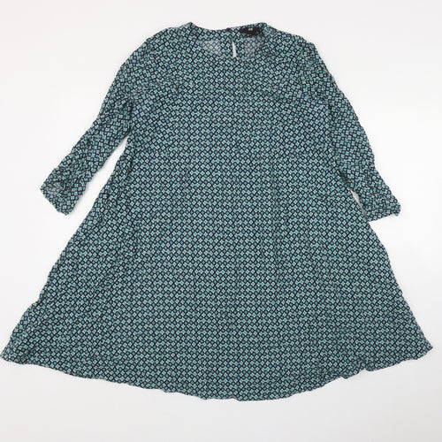 H&M Womens Green Geometric Viscose Fit & Flare  Size 10  Round Neck Button