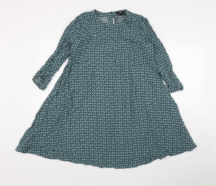 H&M Womens Green Geometric Viscose Fit & Flare Size 10 Round Neck Button