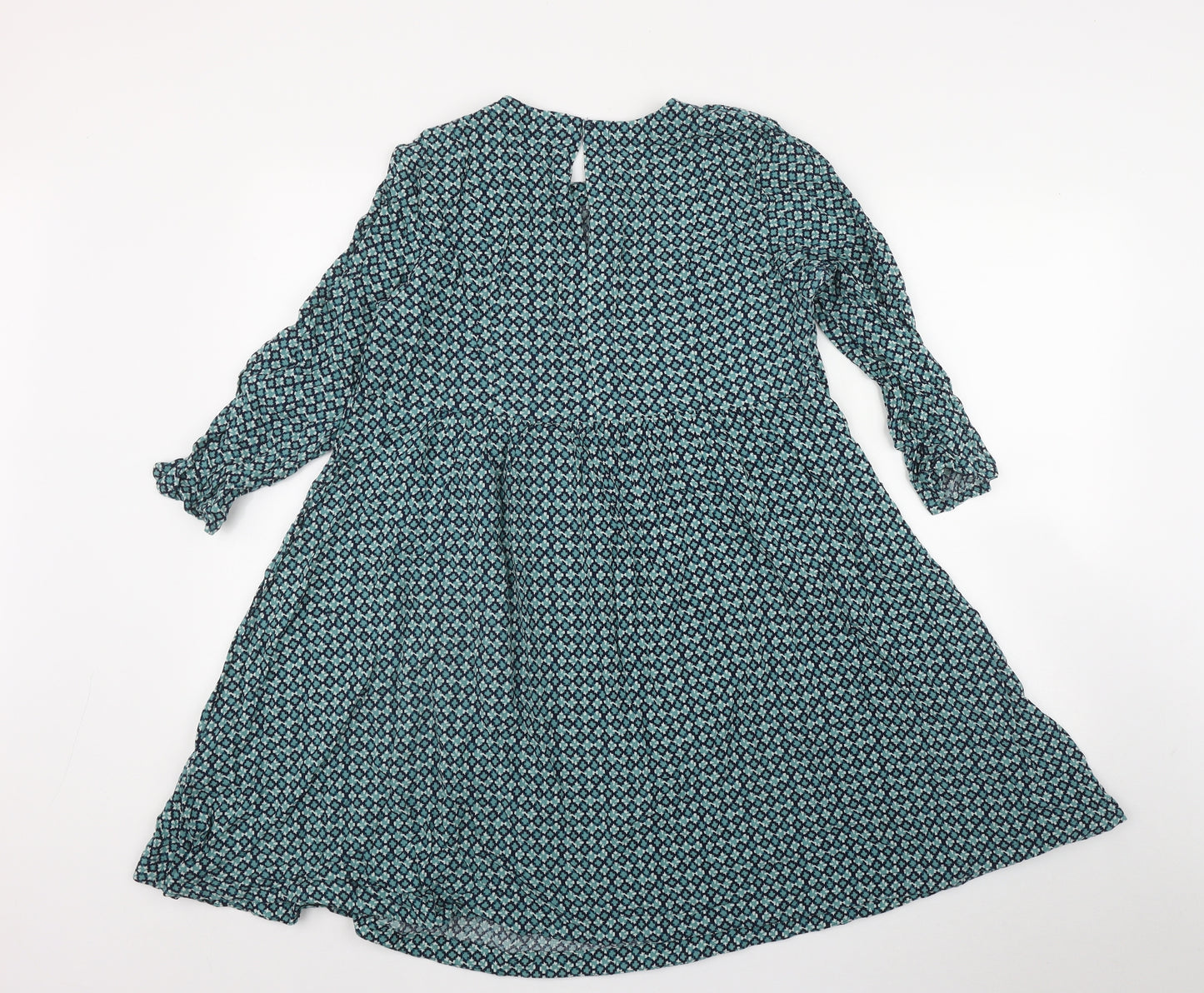 H&M Womens Green Geometric Viscose Fit & Flare  Size 10  Round Neck Button