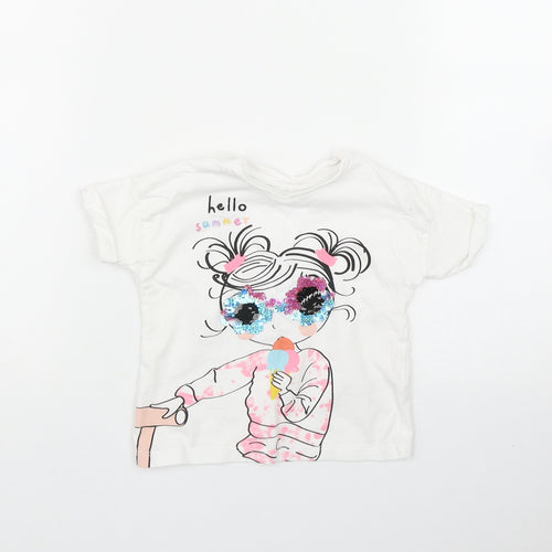 Matalan Girls White  Cotton Basic T-Shirt Size 9-12 Months Round Neck  - 'Hello Summer'