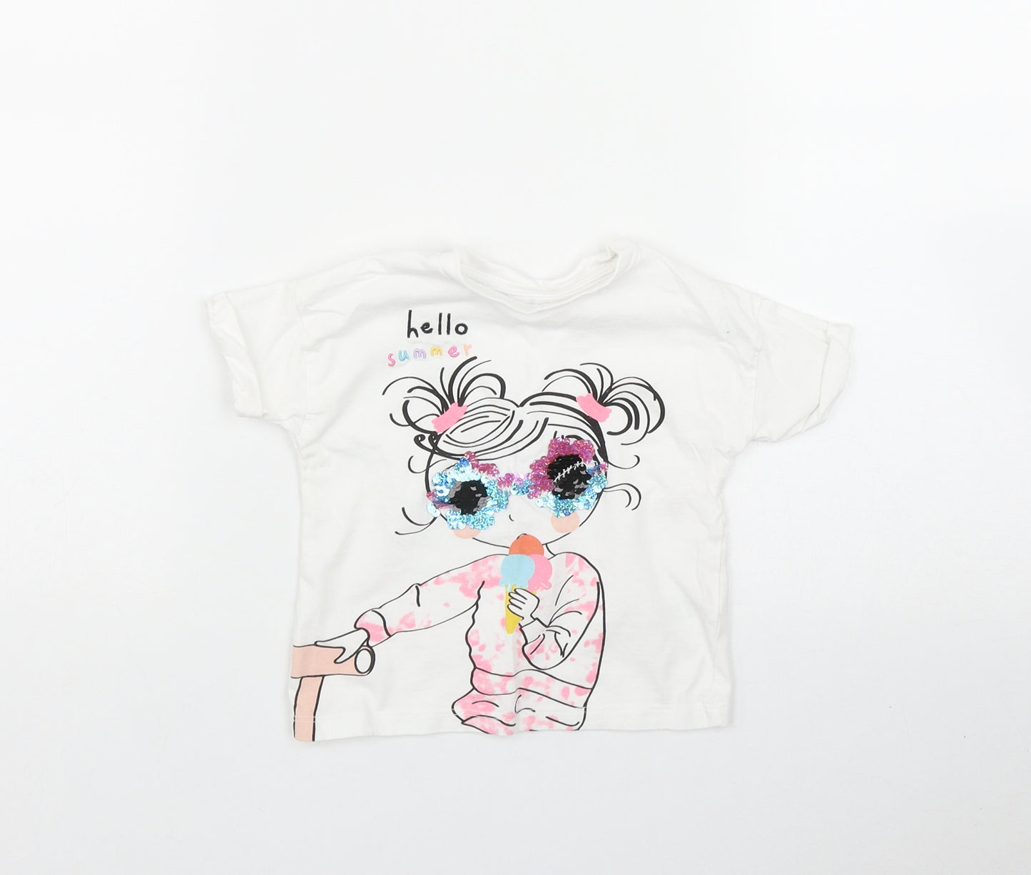 Matalan Girls White  Cotton Basic T-Shirt Size 9-12 Months Round Neck  - 'Hello Summer'