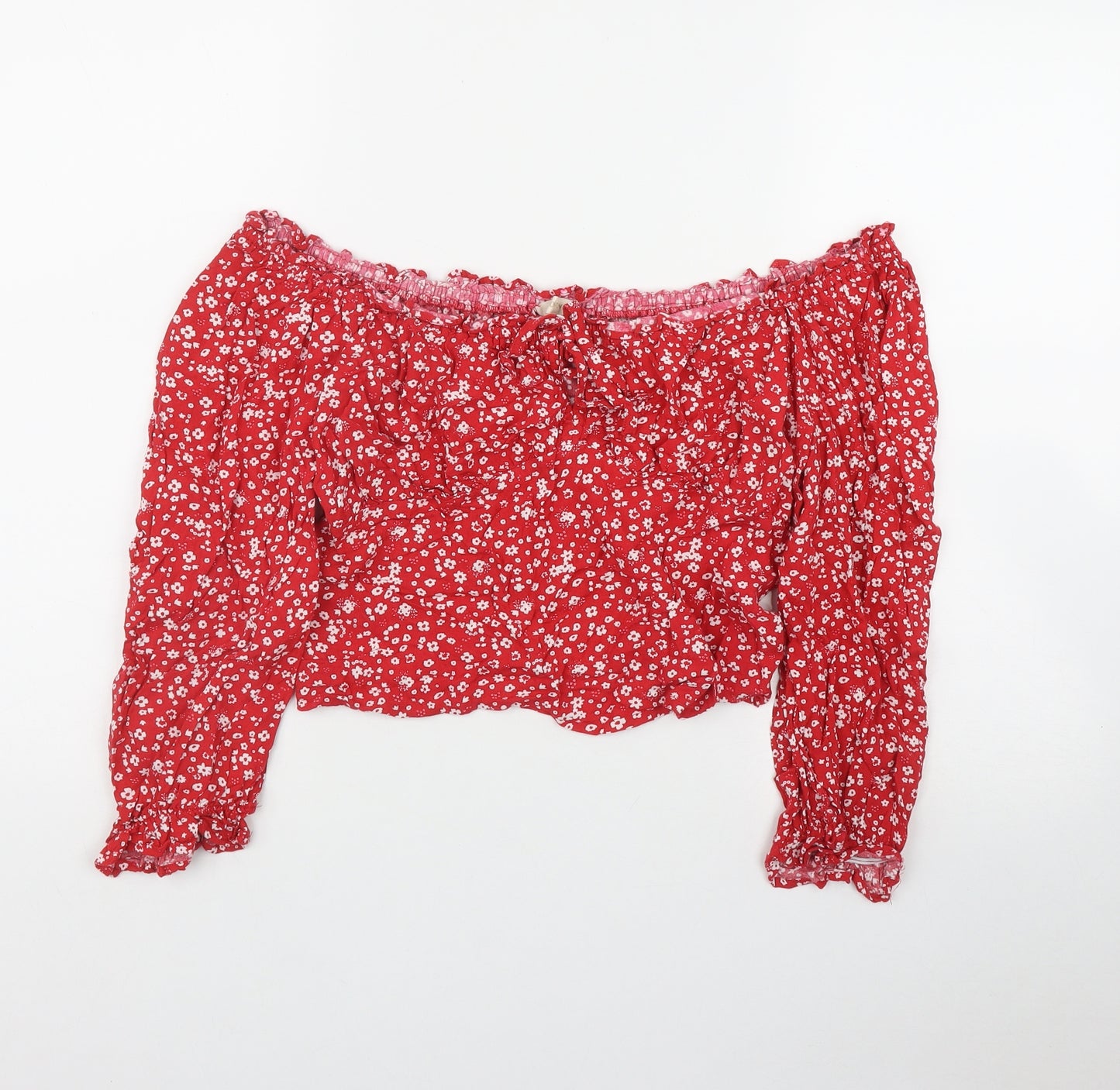 Beyond Words Womens Red Floral Viscose Basic T-Shirt Size M Off the Shoulder