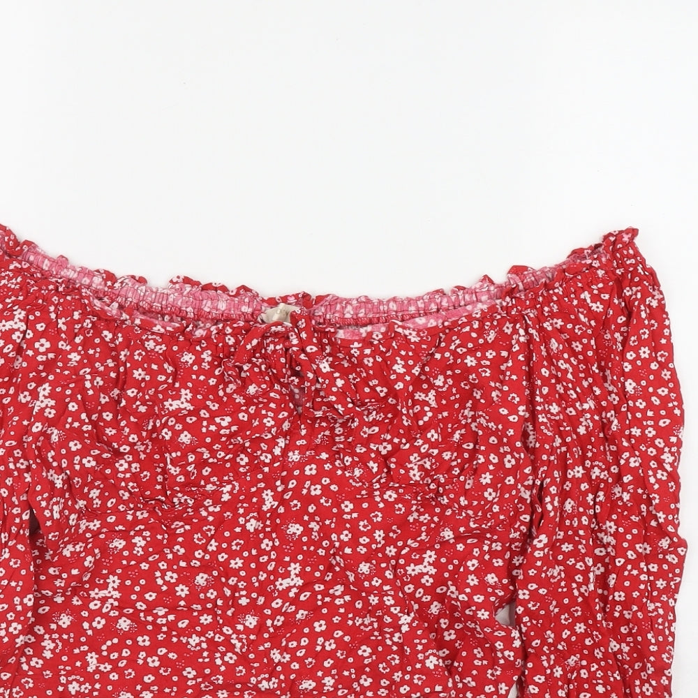 Beyond Words Womens Red Floral Viscose Basic T-Shirt Size M Off the Shoulder