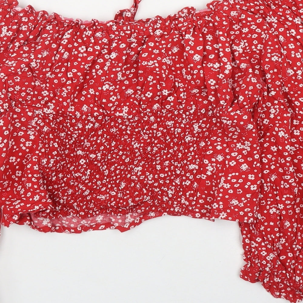 Beyond Words Womens Red Floral Viscose Basic T-Shirt Size M Off the Shoulder