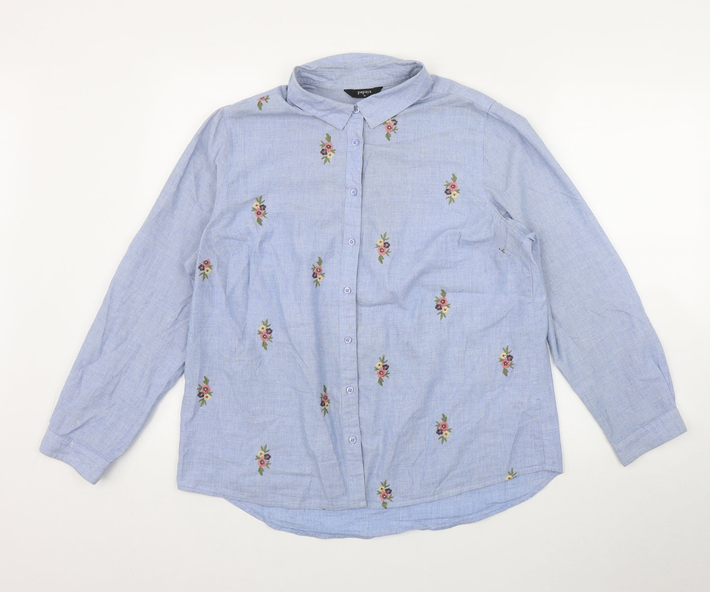 Papaya Womens Blue Floral Cotton Basic Button-Up Size 16 Collared - Flowers