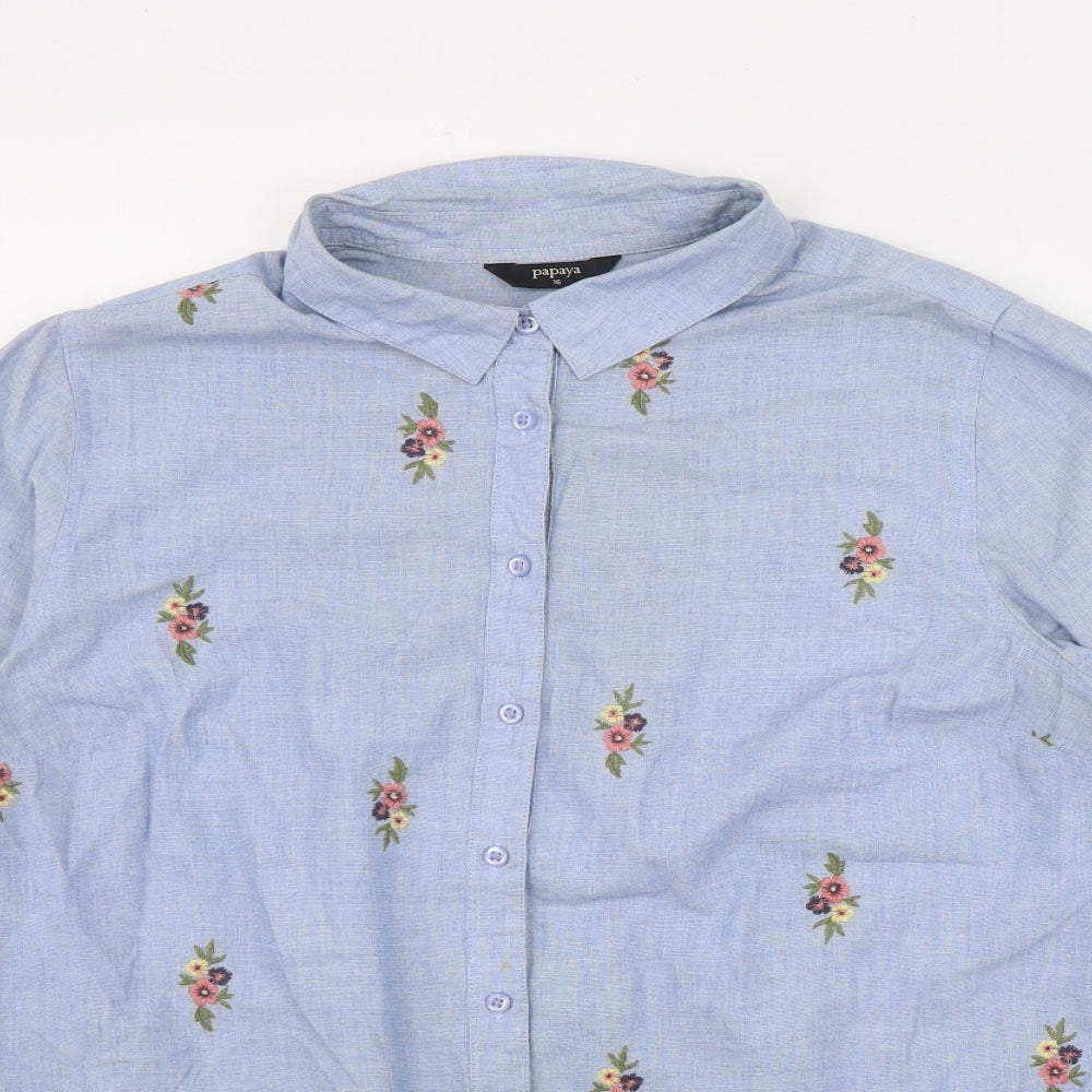 Papaya Womens Blue Floral Cotton Basic Button-Up Size 16 Collared - Flowers
