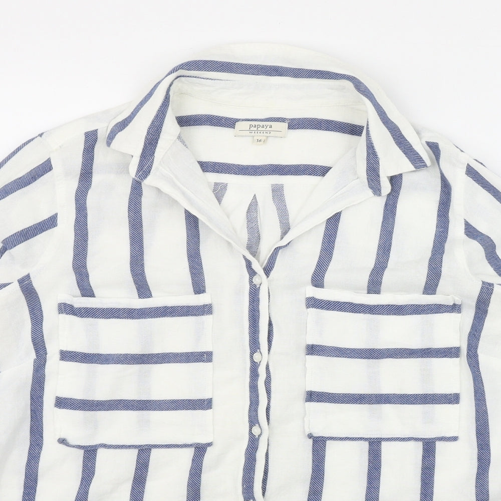 Papaya Womens White Striped Cotton Basic Button-Up Size 16 Collared