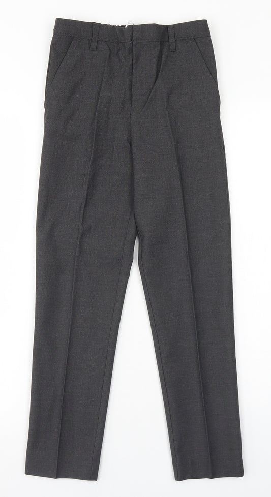 Front view of TU boys’ grey polyester dress pants trousers, size 9, months regular hook & eye - school wear