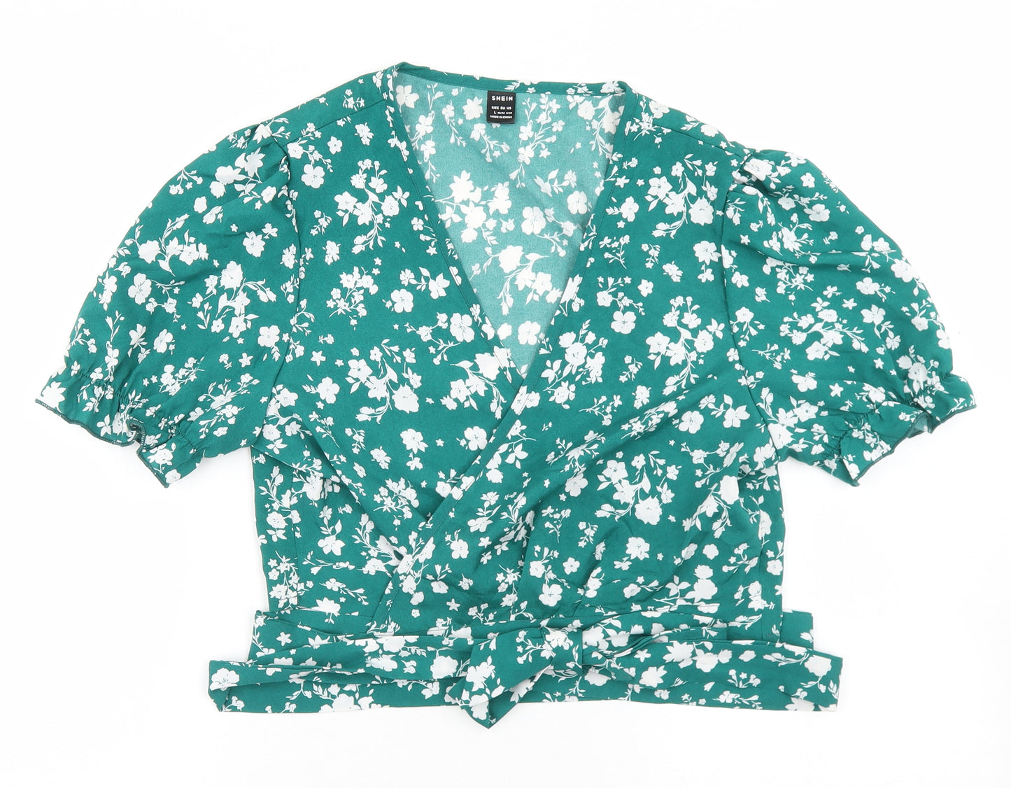 SheIn Womens Green Floral Polyester Wrap Blouse Size L V-Neck