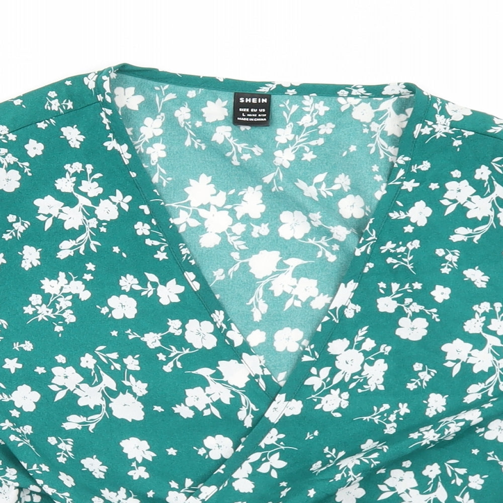 SheIn Womens Green Floral Polyester Wrap Blouse Size L V-Neck