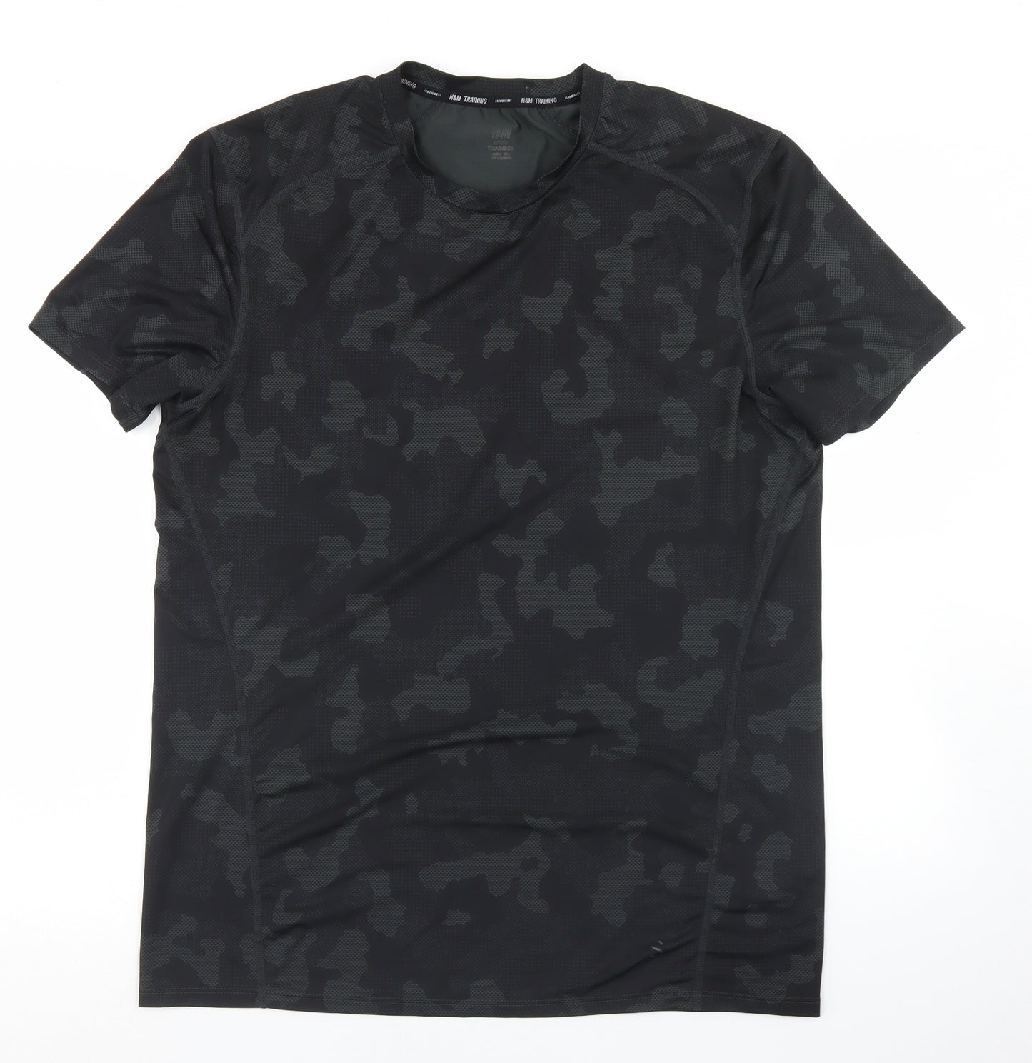 H&M Mens Green Camouflage Polyester Basic T-Shirt Size L Crew Neck