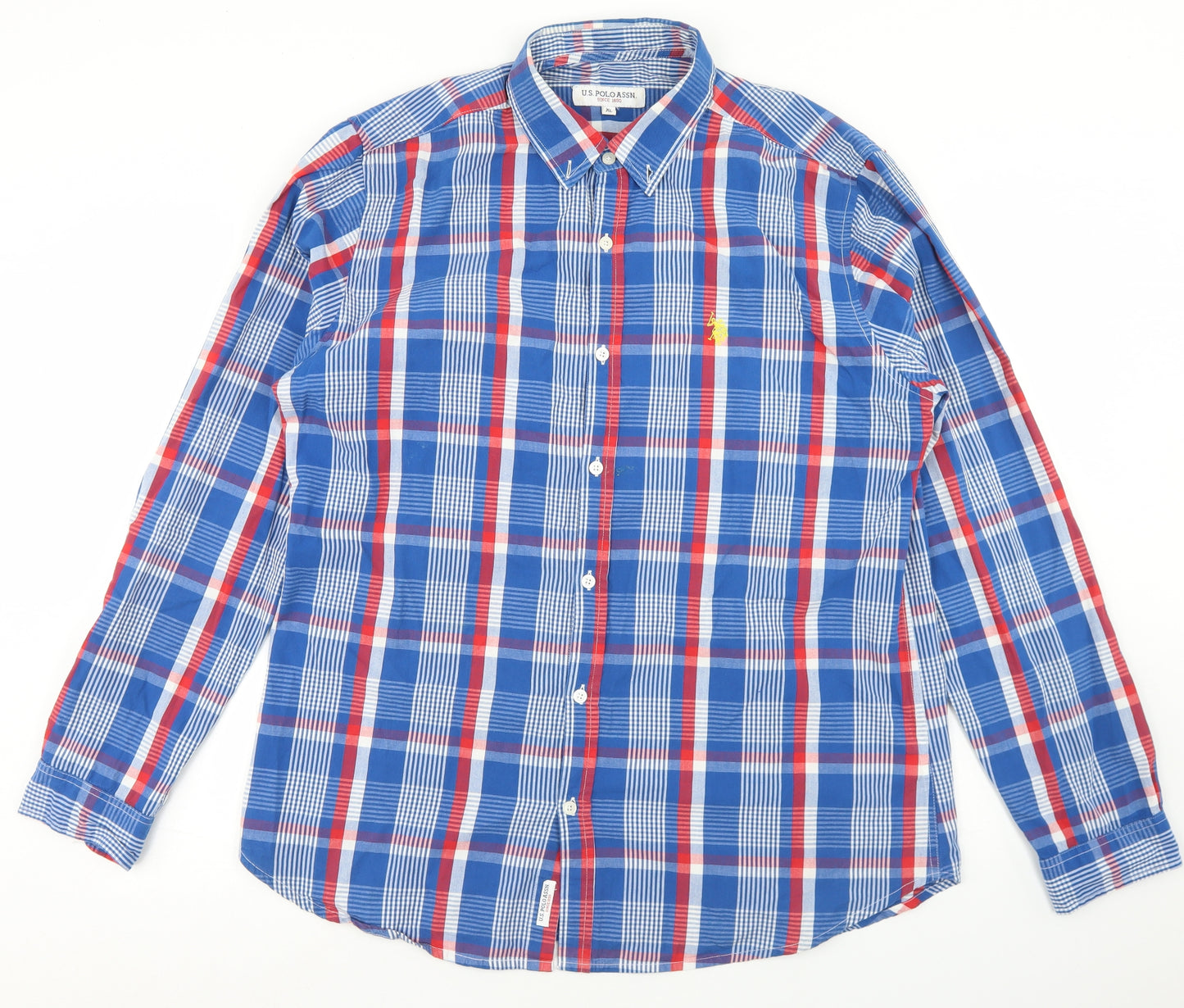 US Polo Assn. Mens Blue Plaid Cotton  Button-Up Size XL Collared Button