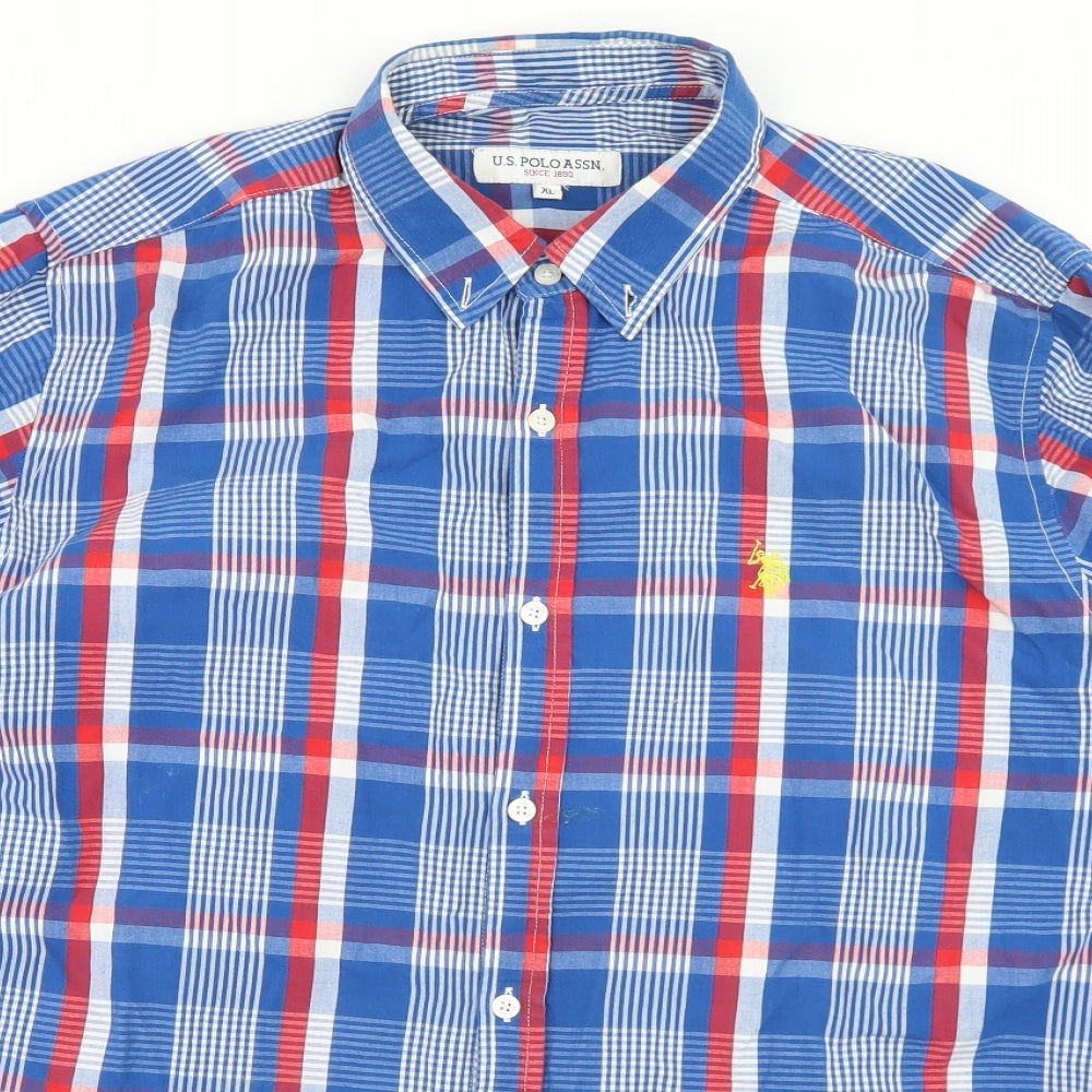 US Polo Assn. Mens Blue Plaid Cotton  Button-Up Size XL Collared Button
