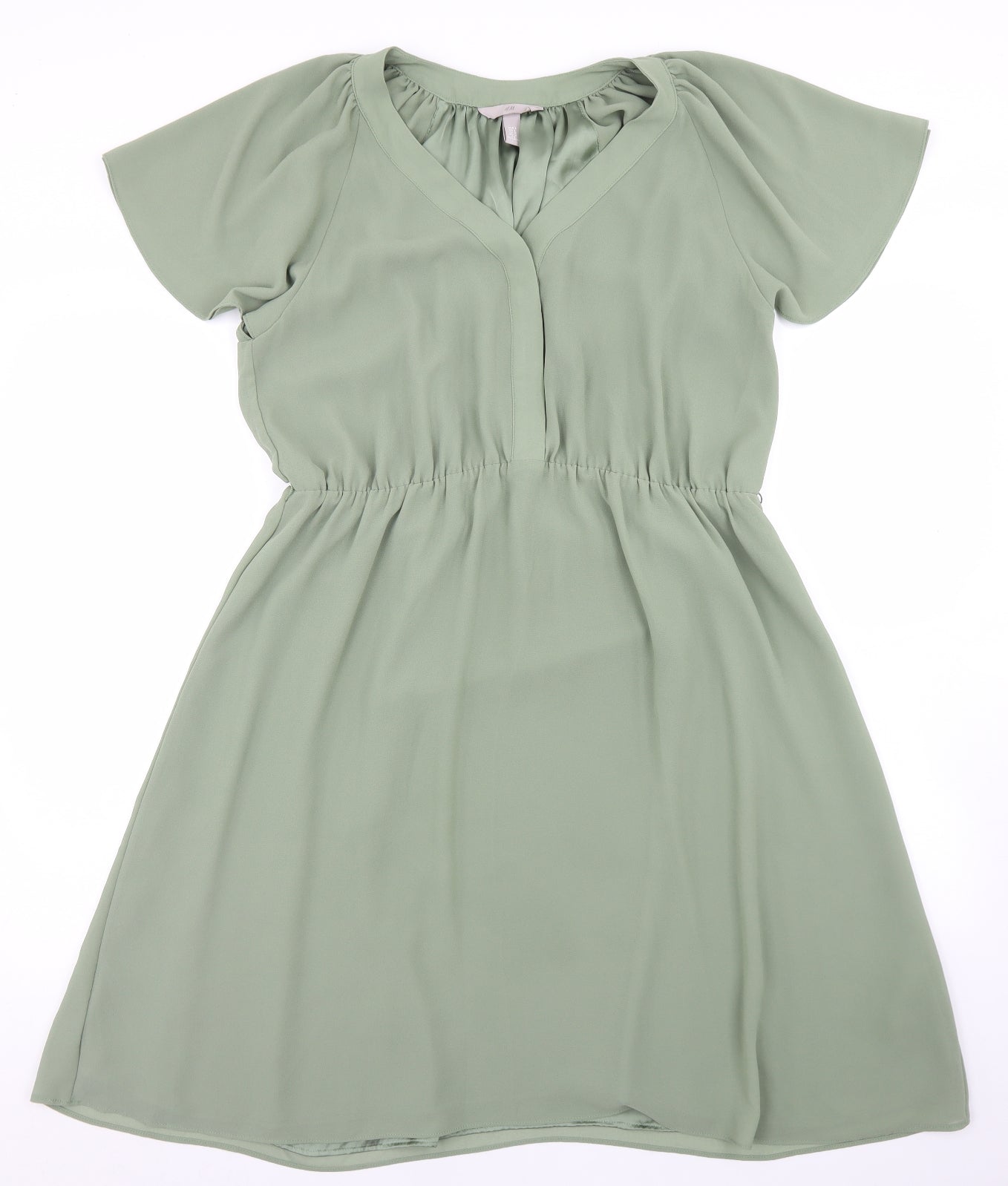 H&M Womens Green  Polyester Skater Dress  Size L  V-Neck
