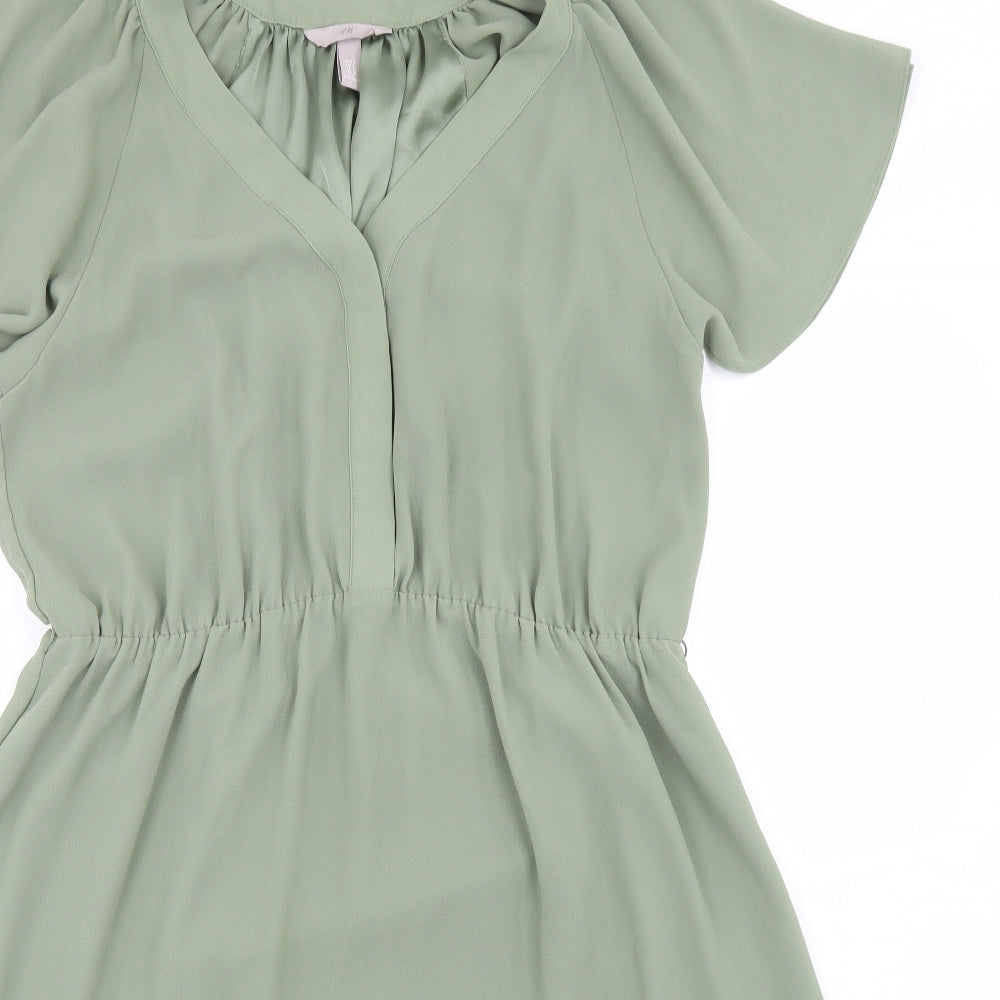 H&M Womens Green  Polyester Skater Dress  Size L  V-Neck