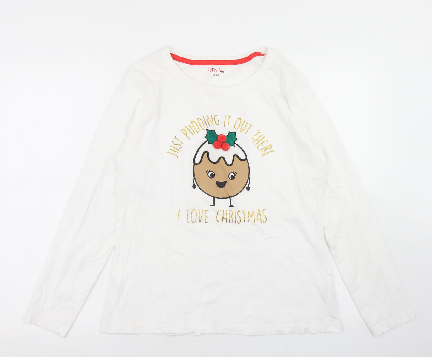 Festive Fun Womens White  Cotton Basic T-Shirt Size 12 Crew Neck - Christmas Pudding