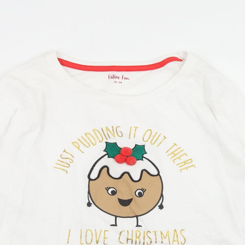 Festive Fun Womens White  Cotton Basic T-Shirt Size 12 Crew Neck - Christmas Pudding