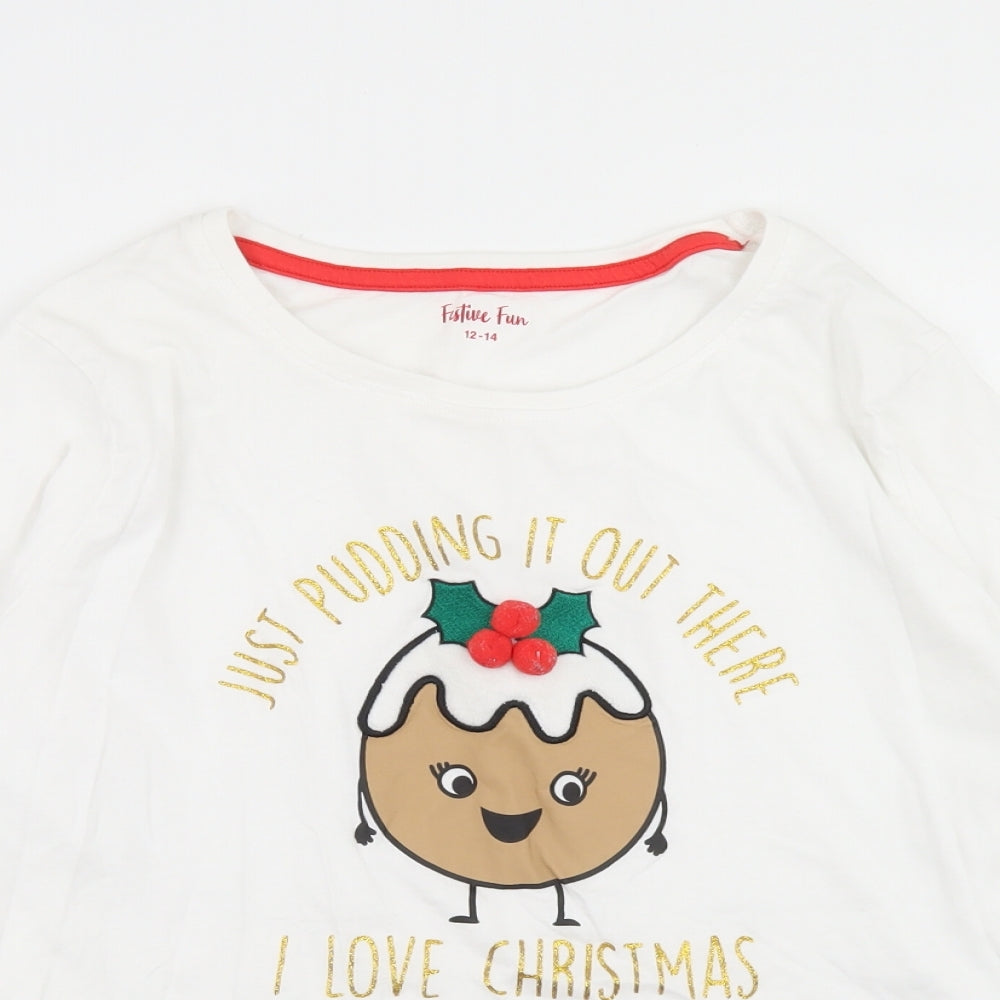 Festive Fun Womens White  Cotton Basic T-Shirt Size 12 Crew Neck - Christmas Pudding