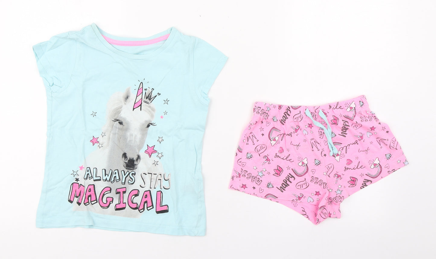 St Bernard Girls Blue Geometric 100% Cotton Top Pyjama Set Size 5-6 Years  Pullover - Unicorn