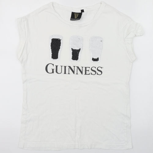 Guinness Womens White  Cotton Basic T-Shirt Size S Round Neck - Interactive sequins