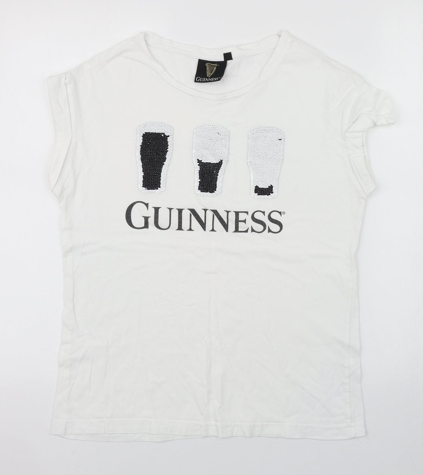 Guinness Womens White  Cotton Basic T-Shirt Size S Round Neck - Interactive sequins