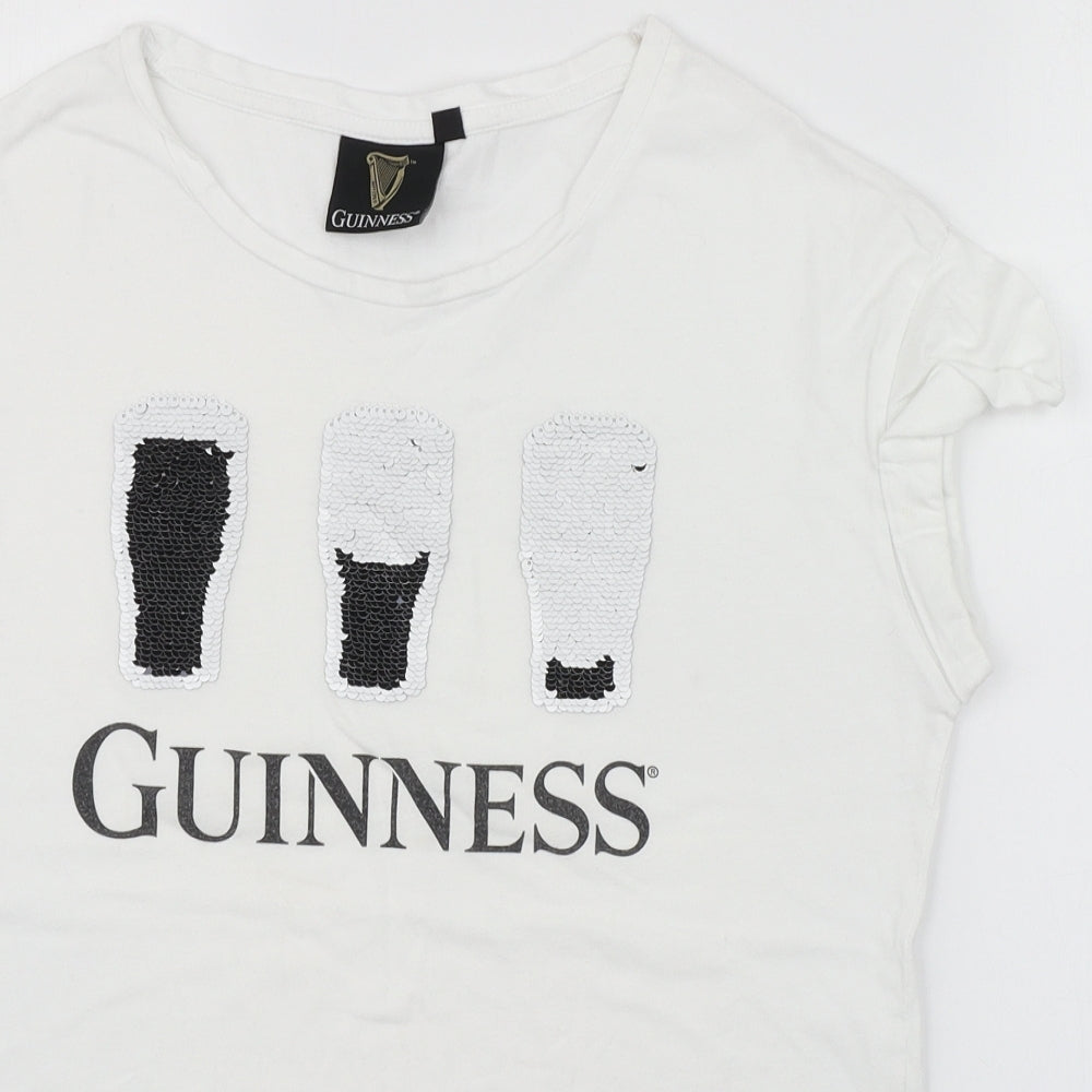 Guinness Womens White  Cotton Basic T-Shirt Size S Round Neck - Interactive sequins