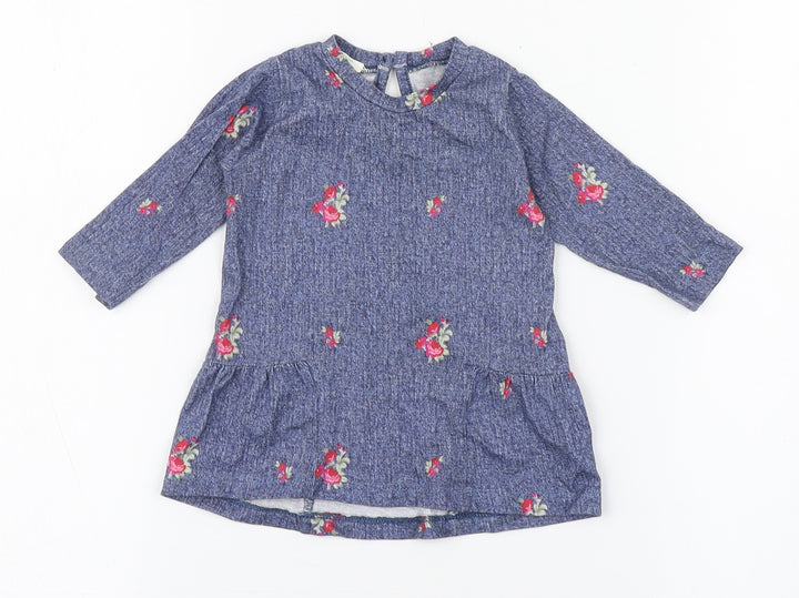 United Colors of Benetton Girls Blue Geometric 100% Cotton Skater Dress Size 0-3 Months Round Neck Pullover