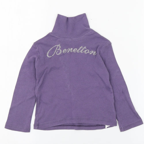 United Colors of Benetton Girls Purple  Cotton Basic T-Shirt Size 2 Years High Neck Pullover