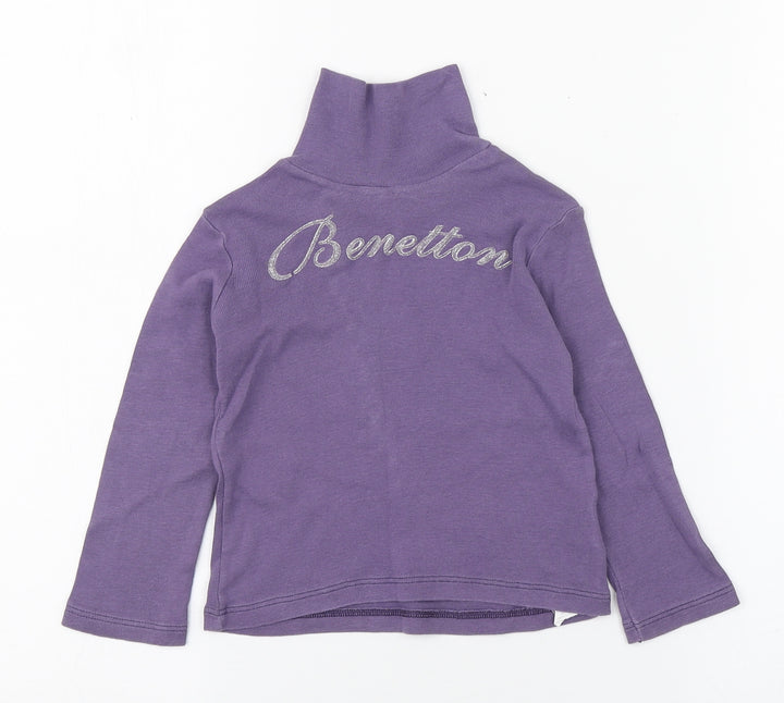 United Colors of Benetton Girls Purple Cotton Basic T-Shirt Size 2 Years High Neck Pullover