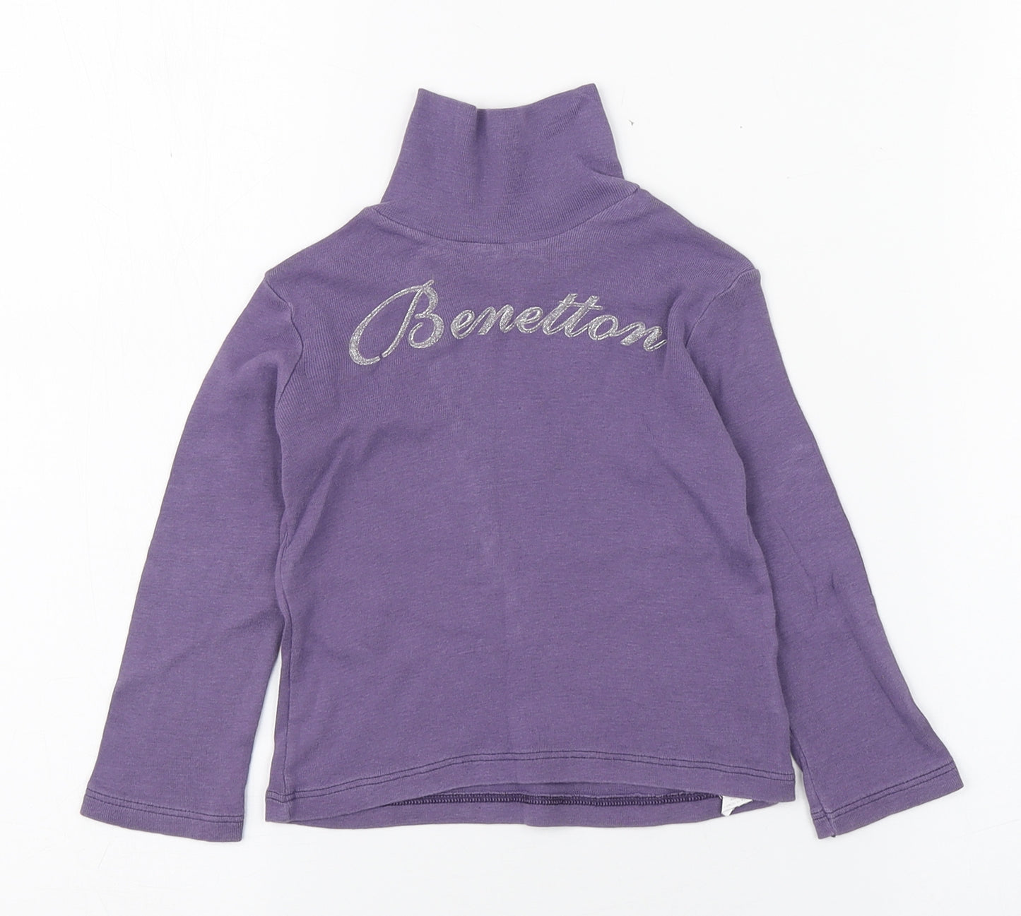 United Colors of Benetton Girls Purple  Cotton Basic T-Shirt Size 2 Years High Neck Pullover