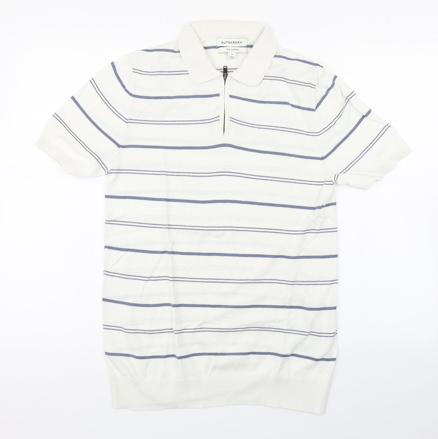 Marks and Spencer Mens White Collared Striped Silk Pullover Jumper Size S