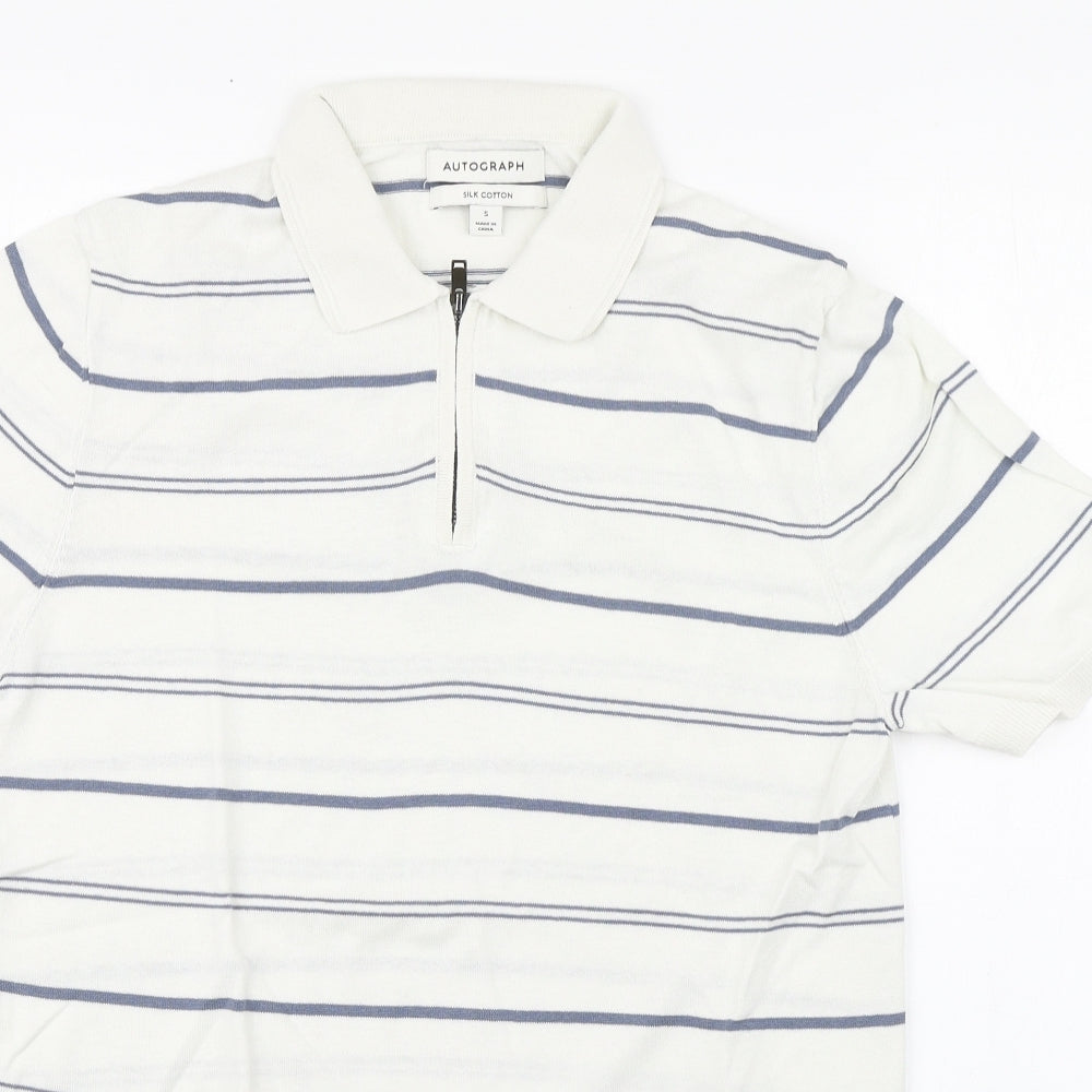 Marks and Spencer Mens White Collared Striped Silk Pullover Jumper Size S