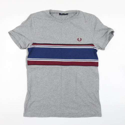 Fred Perry Mens Grey Striped Cotton  T-Shirt Size S Round Neck