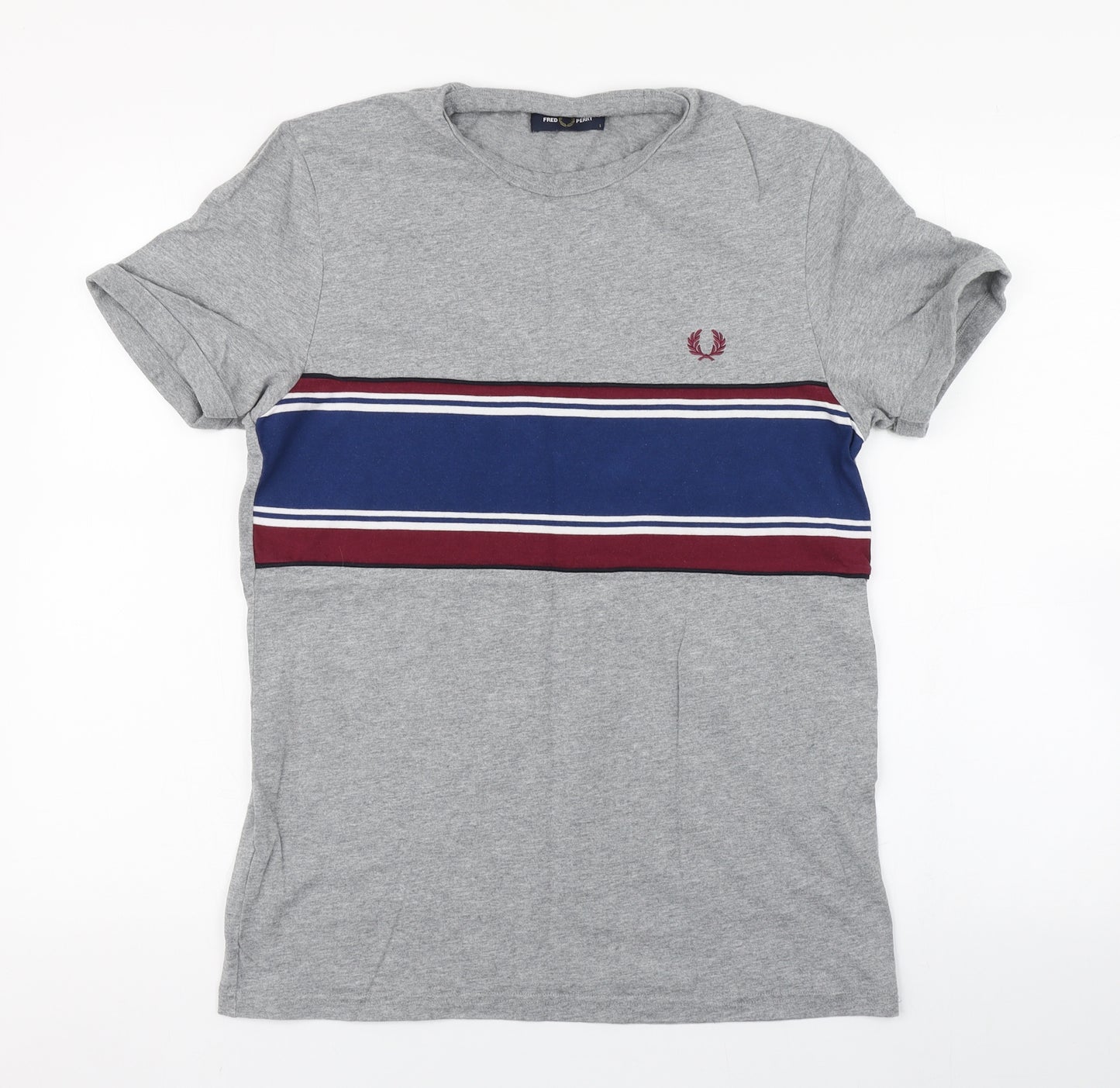 Fred Perry Mens Grey Striped Cotton  T-Shirt Size S Round Neck