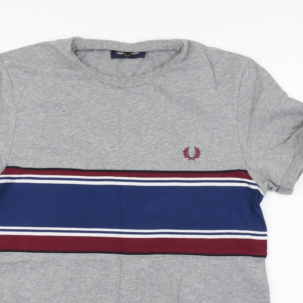 Fred Perry Mens Grey Striped Cotton  T-Shirt Size S Round Neck