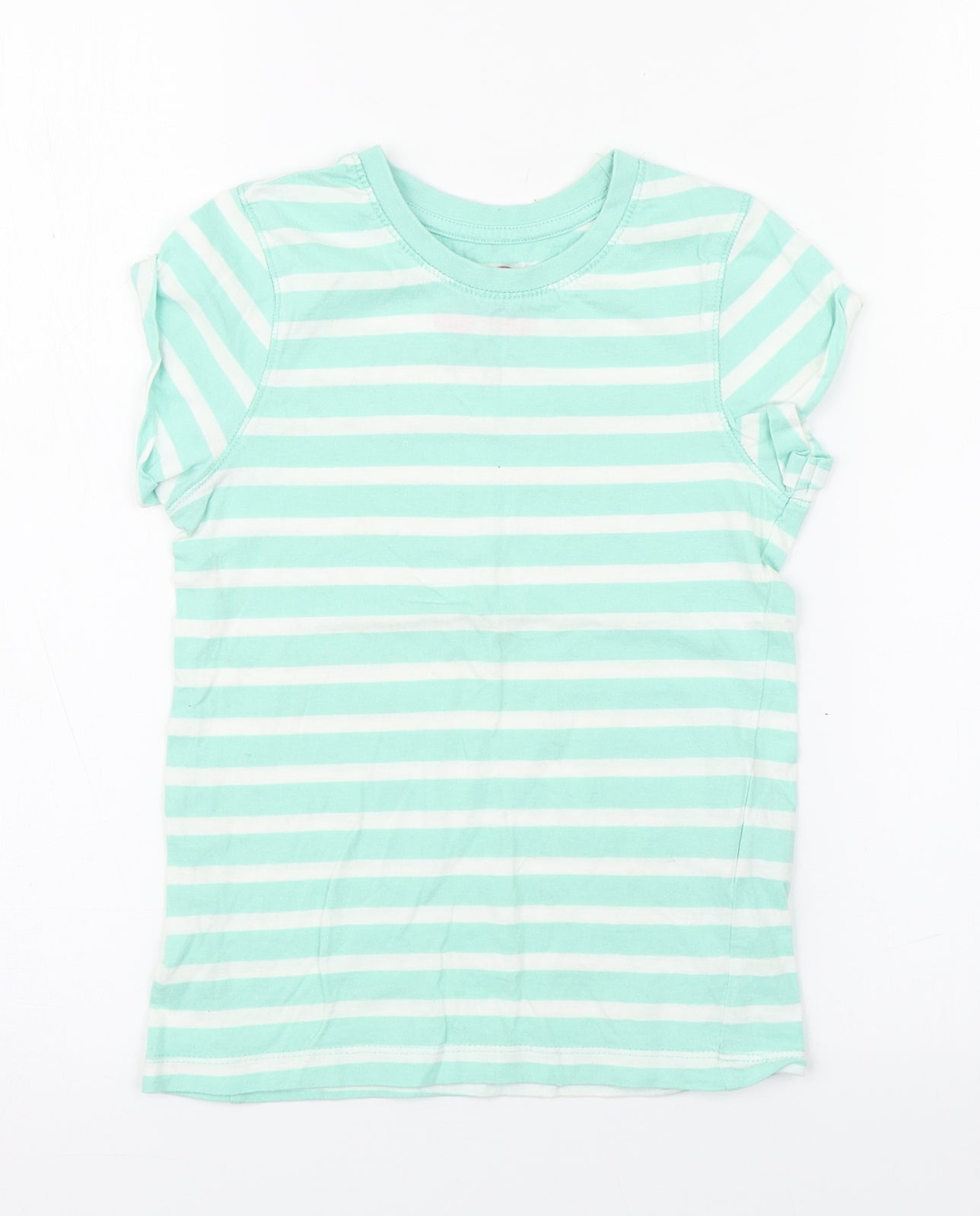 YD Girls Green Striped Cotton Basic T-Shirt Size 7-8 Years Round Neck Pullover