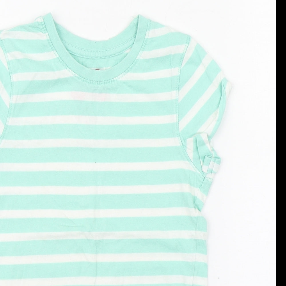 YD Girls Green Striped Cotton Basic T-Shirt Size 7-8 Years Round Neck Pullover