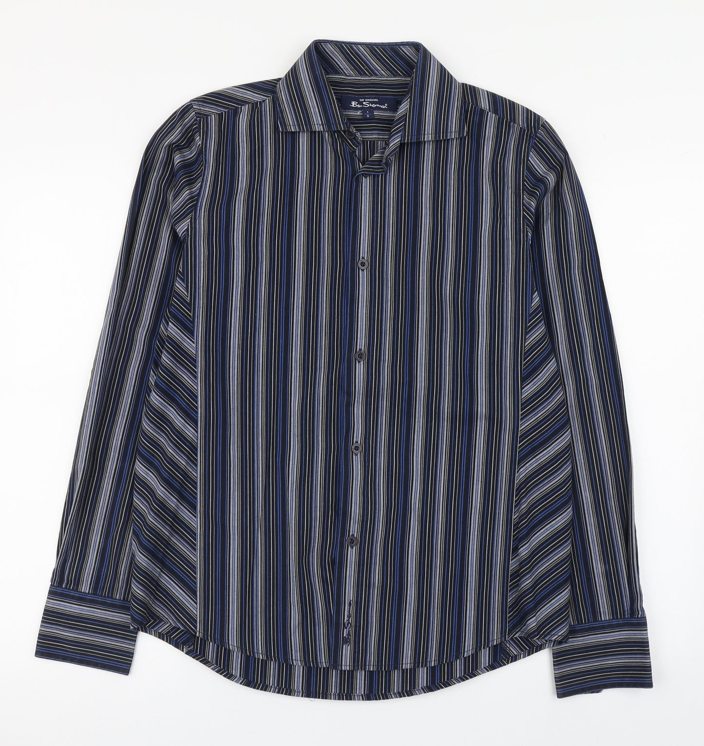 Ben Sherman Mens Blue Striped Cotton  Button-Up Size S Collared Button