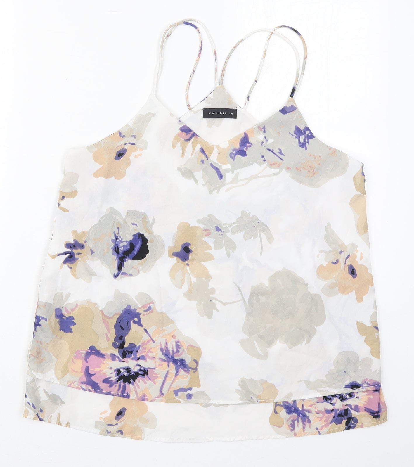 Exhibit Womens White Floral Polyester Basic Tank Size 10 V-Neck