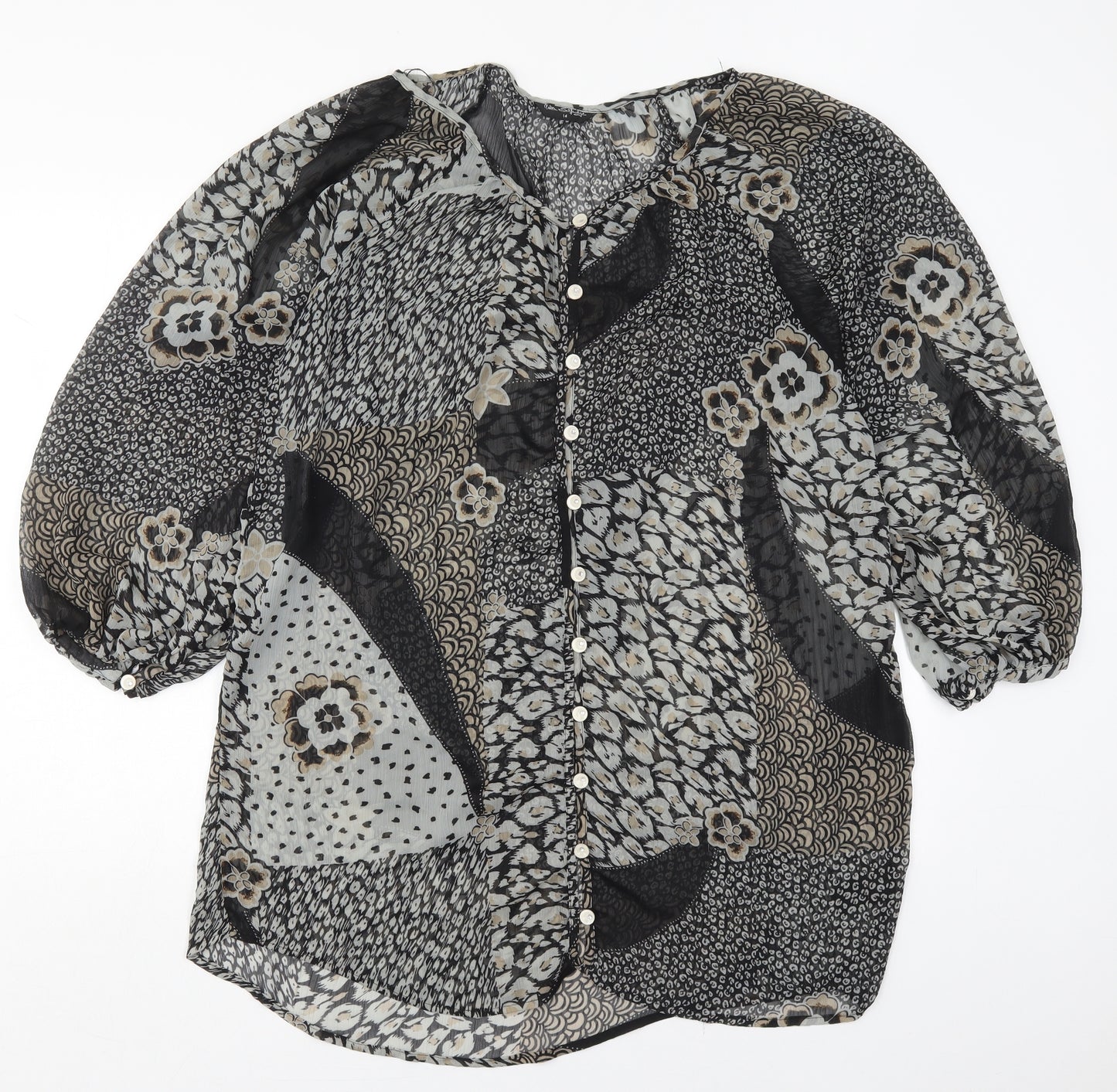 Miss Selfridge Womens Grey Animal Print Polyester Basic Button-Up Size 14 Round Neck
