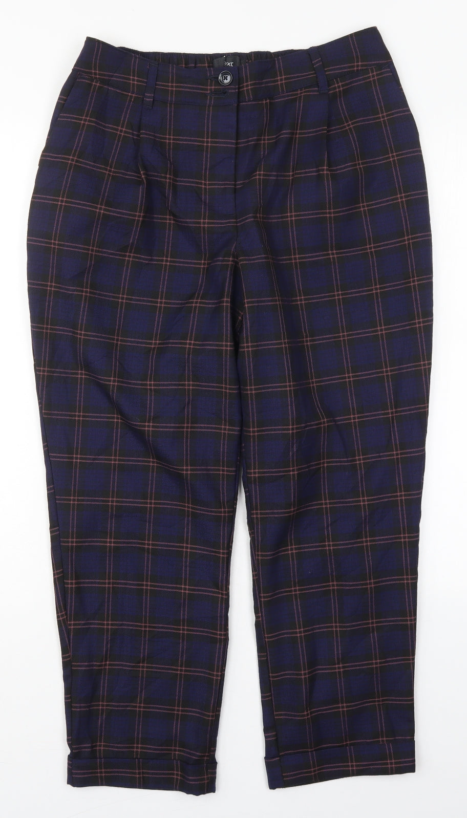 NEXT Womens Blue Check Polyester Trousers  Size 14 L24 in Regular Button