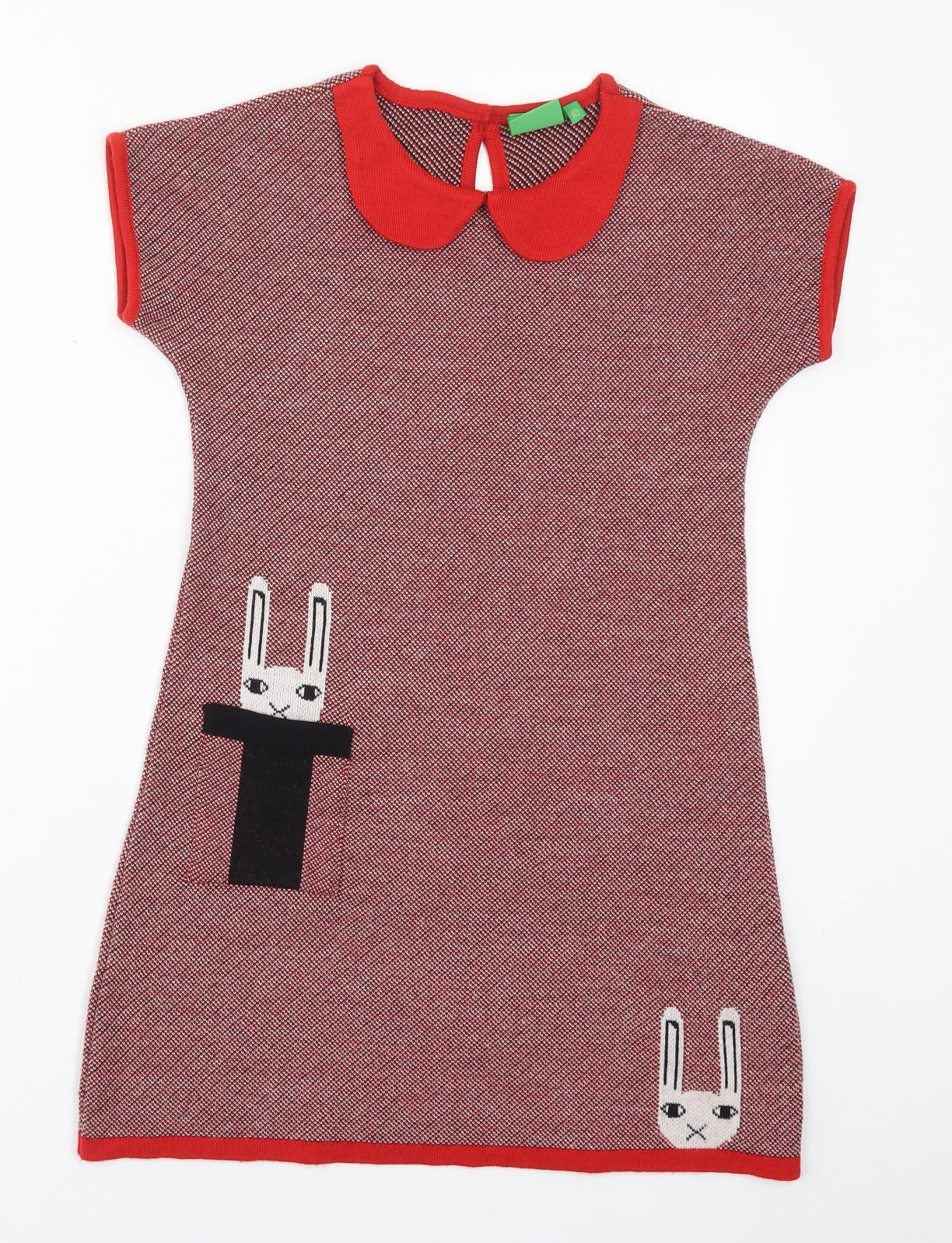 John Lewis Girls Red  Acrylic Jumper Dress  Size 10 Years  Collared Pullover - Rabbits