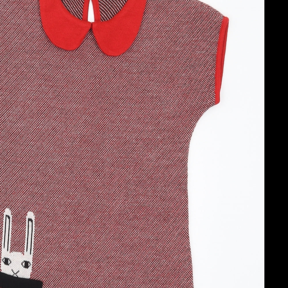 John Lewis Girls Red  Acrylic Jumper Dress  Size 10 Years  Collared Pullover - Rabbits