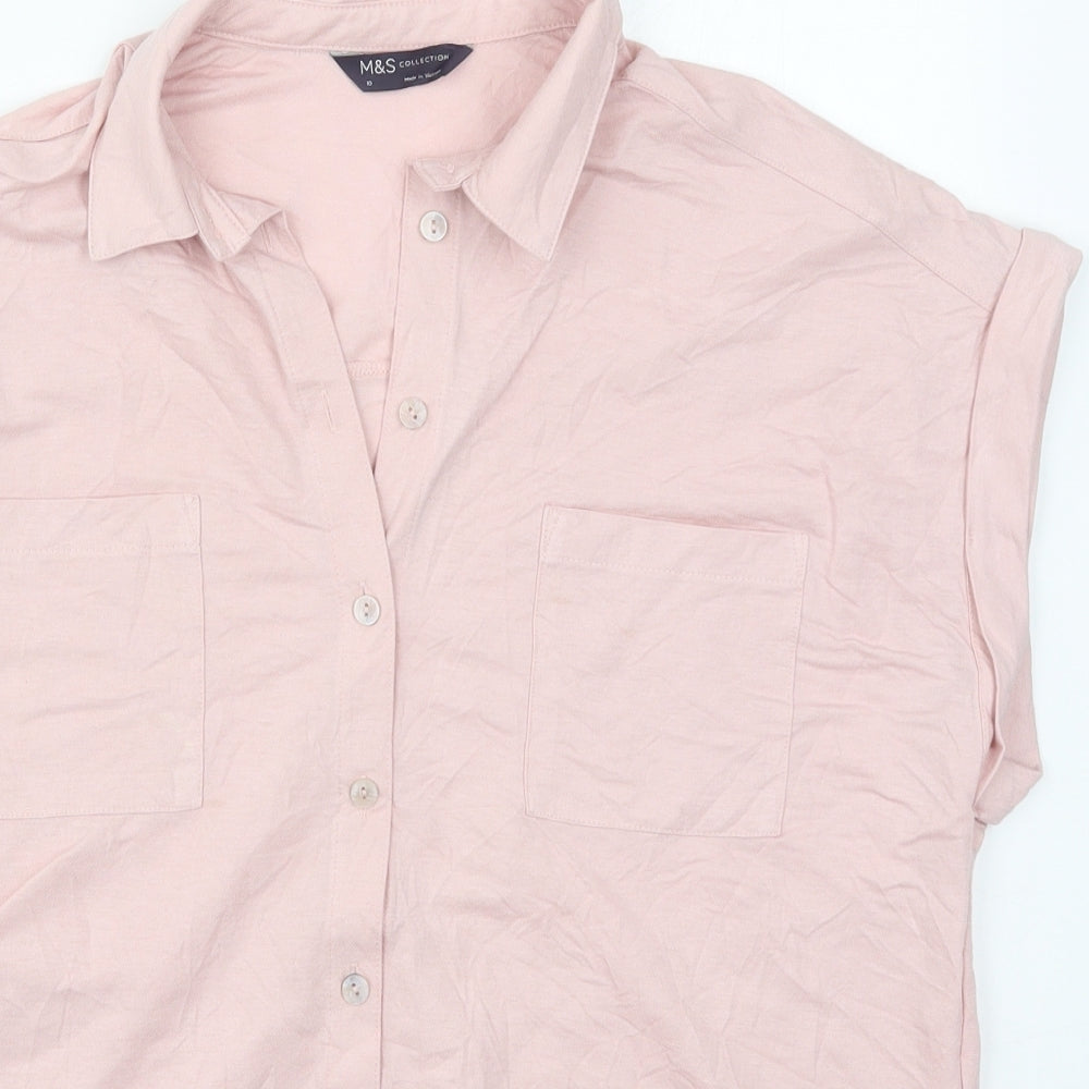 Marks and Spencer Womens Pink  Viscose Basic Button-Up Size 10 Collared