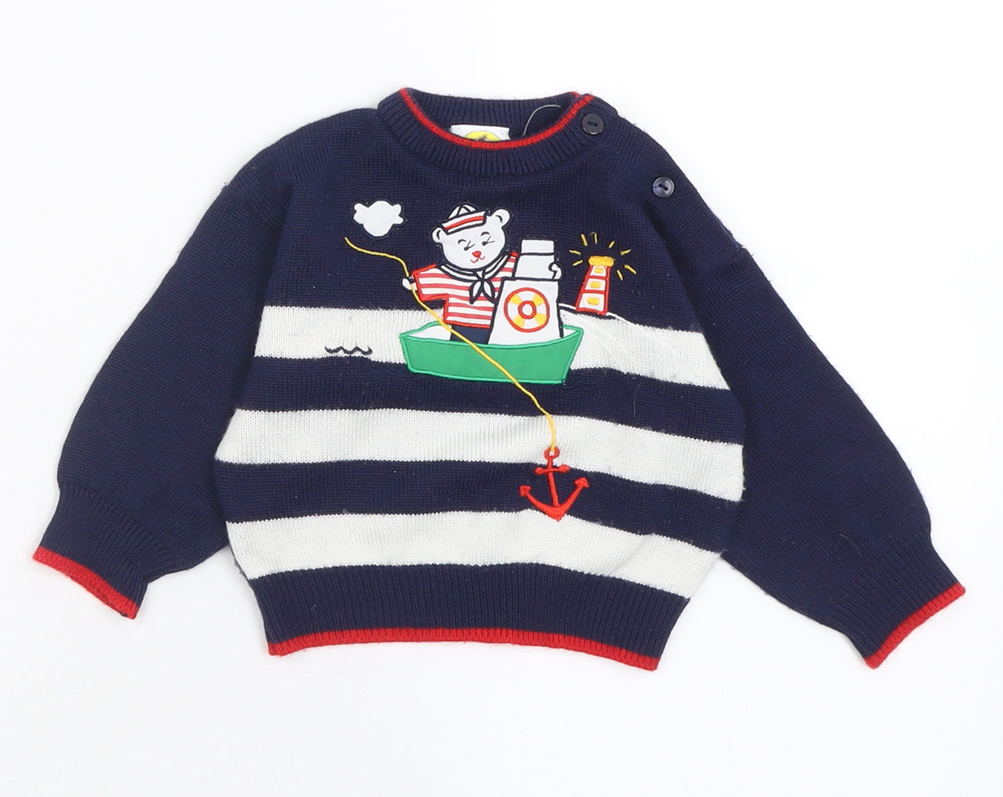 Toys R Us Boys Blue Striped Acrylic Pullover Jumper Size 3-6 Months  Button