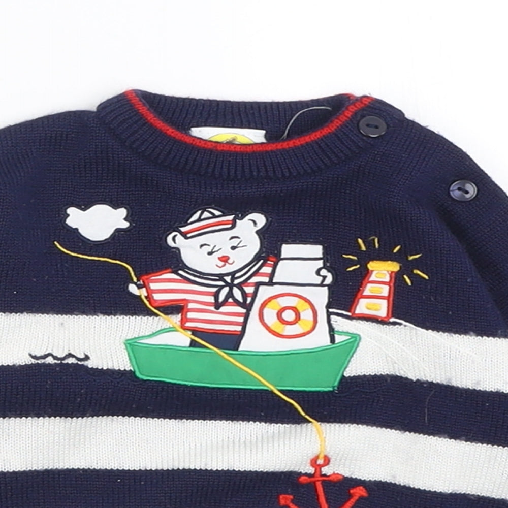 Toys R Us Boys Blue Striped Acrylic Pullover Jumper Size 3-6 Months  Button
