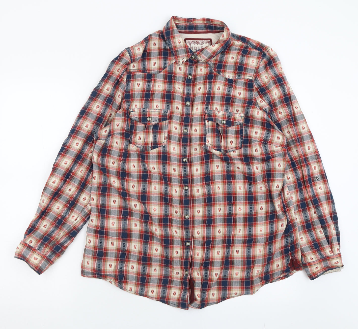 Indigo Womens Red Check Cotton Basic Button-Up Size 16 Collared