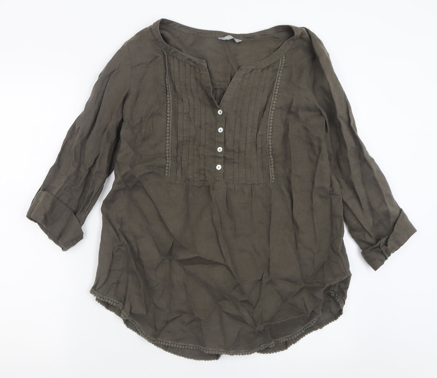 Marks and Spencer Womens Green  Linen Basic T-Shirt Size 14 V-Neck