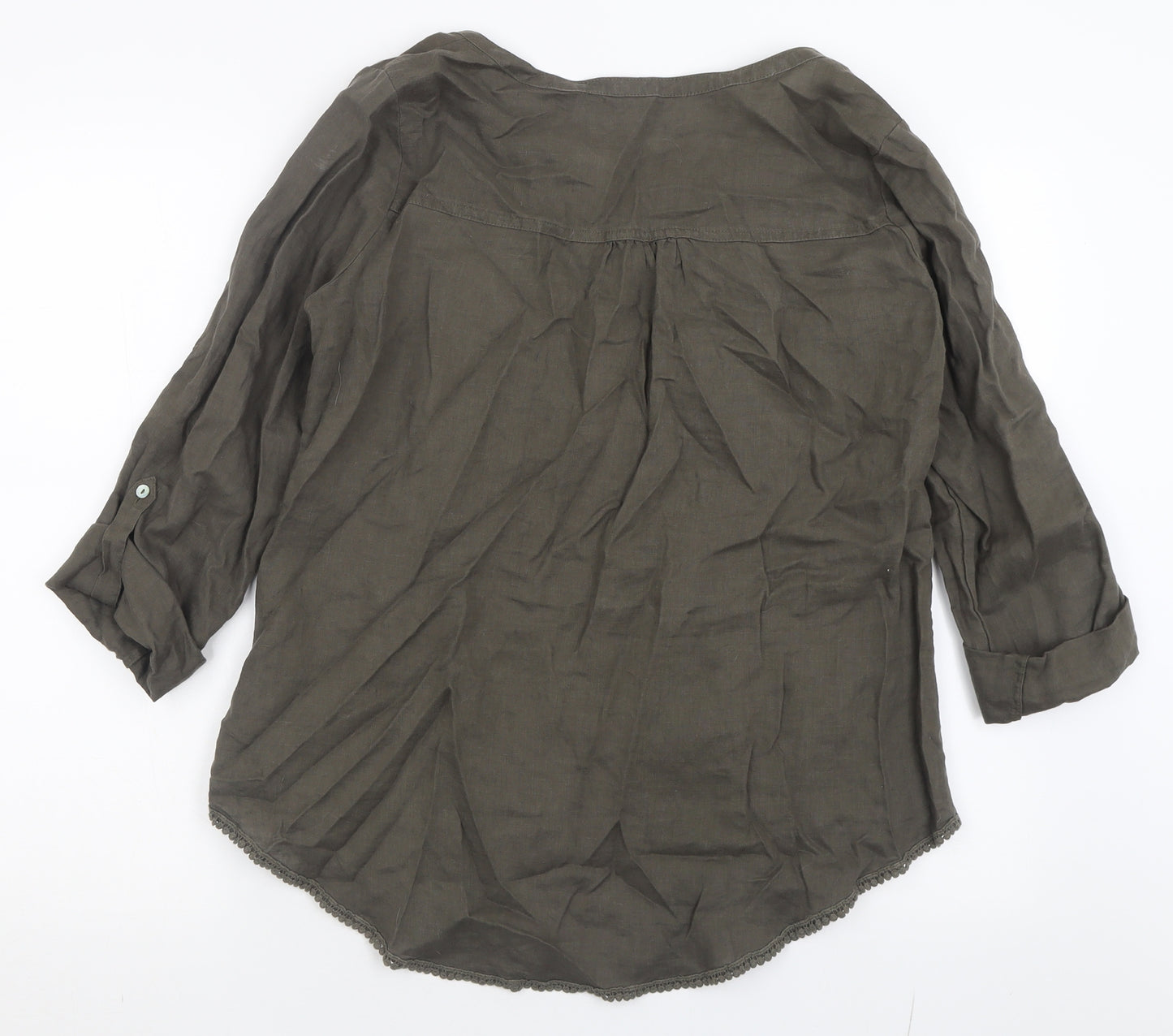 Marks and Spencer Womens Green  Linen Basic T-Shirt Size 14 V-Neck