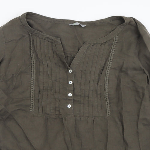 Marks and Spencer Womens Green  Linen Basic T-Shirt Size 14 V-Neck